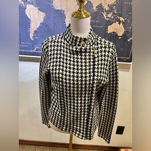 Chaps Houndstooth sweater jacket with gold zipper and button